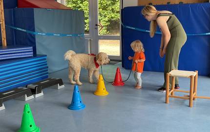 Lotti in Bewegung - Slalomlauf Im Vordergrund des Bildes ist eine Slalom Strecke aus bunten Absperrhütchen. Im Hintergrund steht die Fachkraft und ein Kind das die Hündin Lotti an der Leine führt.